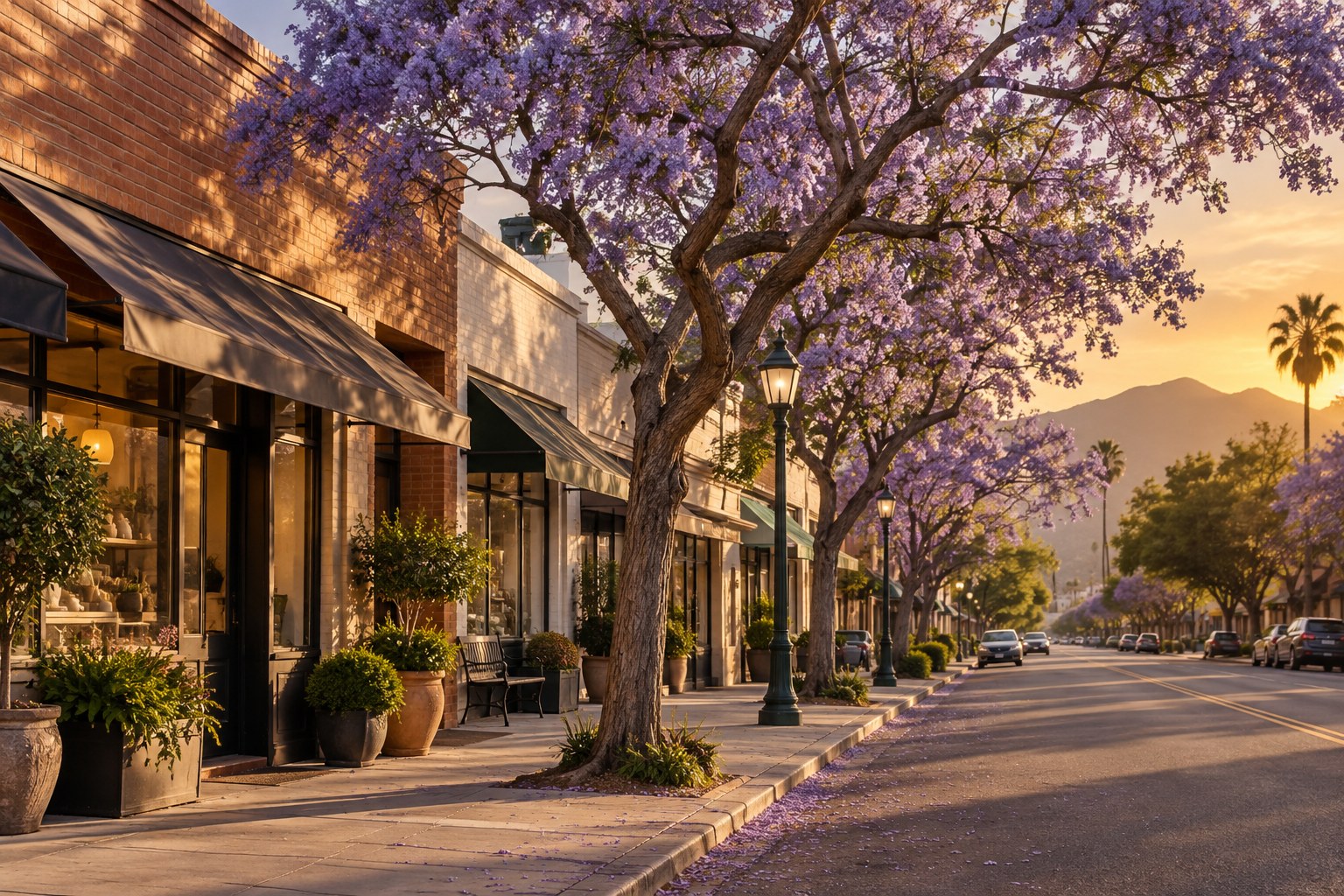 A small Southern California town main street at golden hour, illustrative