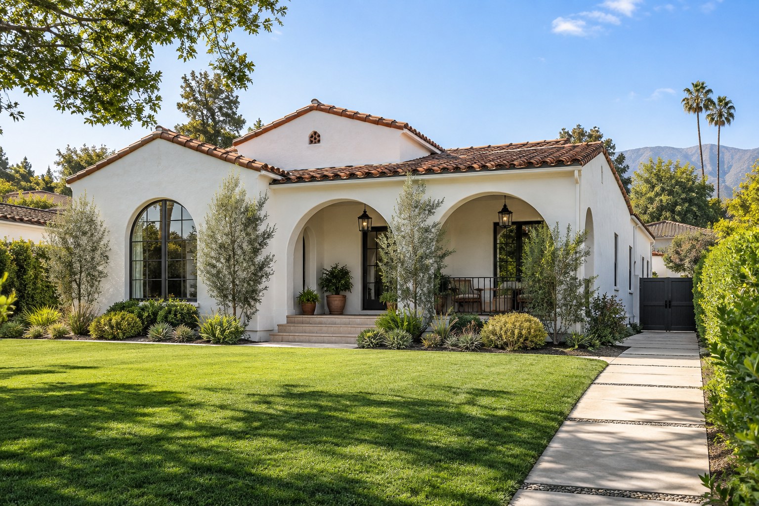 Suburban Southern California homes along a quiet street at sunset, illustrative