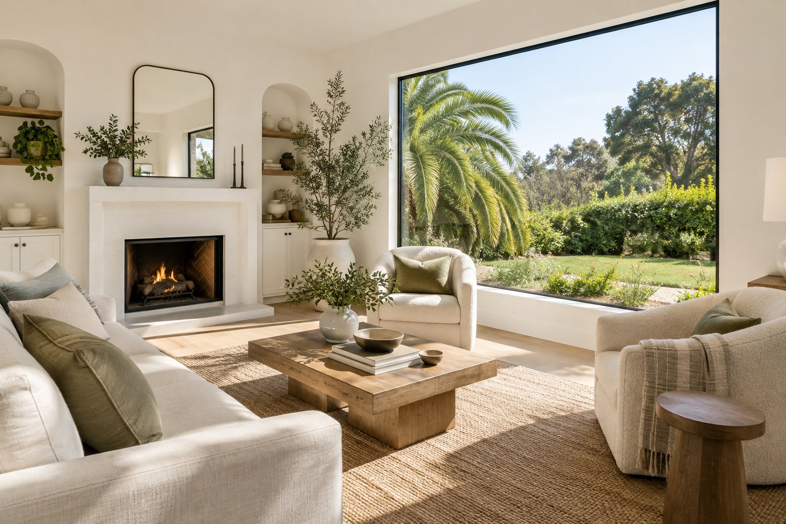 A sunlit Southern California living room interior, illustrative